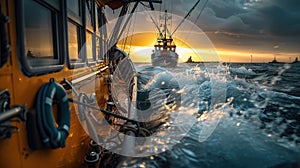 View from the stern of a fishing boat returning to harbor, tracing the way back, water shimmering with the afternoon sun. A day in