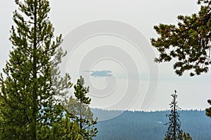 View of Stevenson Island in Yellowstone Lake With Wildfire Smoke