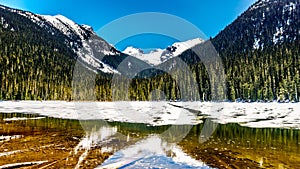 View of the still partly frozen Lower Joffre Lake in the Coast Mountain Range