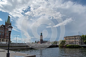 View of Stockholm city hall, StrÃ¶msborg Island and the Norstedt house