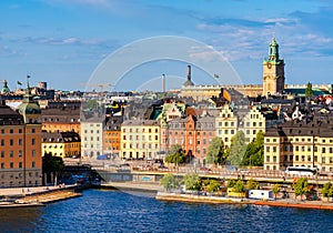 View of Stockholm city over sea harbour in summer season