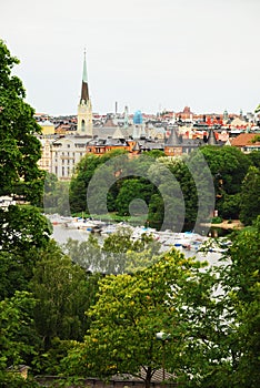 View of Stockholm with park and river.