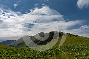 Pohľad z priesmyku Stoh na severný a južný vrchol Steny, Malá Fatra, Slovensko, jarný zamračený deň