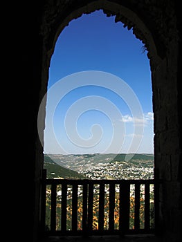The view from stone arch in Ajloun Castle Jordan