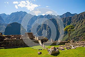 View of the stone buildings and ruins inside the lost Incan city of Machu Picchu