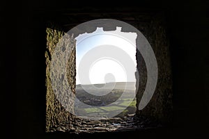 View From Stone Castle Window of Small English Country Town