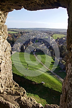 View From Stone Castle Window of Small English Country Town