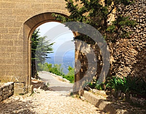 View through stone entrance to the valley