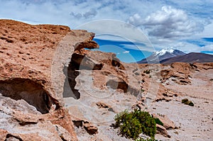 View of the stone field and the volcano Ollague, Bolivia. Chile border