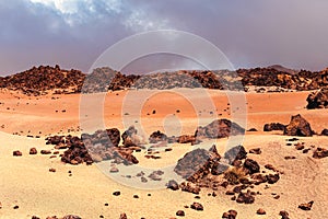 View on stone lava  desert , moon landscape in Teide National Park in sunny day, Tenerife Island, Canary Islands, Spain