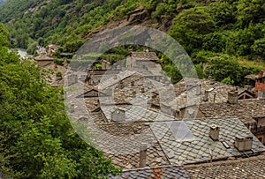 View of stone roofs called the losa roofs of an ancient valdostan village in Italy