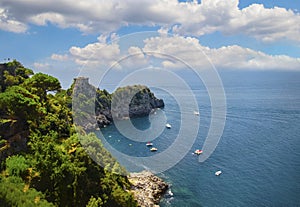 The view of stone tower on the Amalfi coast. This is on the south of Italy in Europe. The city stands on cliffs above the sea.