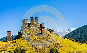 View on stone towers of fortress Keselo in upper Omalo, Georgia