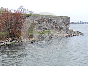 View of stone wall of fortress and Baltic sea, Sveaborg, Finland