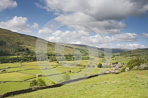 View of stone walls and meadows, Swaledale