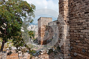 View of the stone walls of the old ancient crusader castle in the historic city of Byblos. The city is a UNESCO World Heritage