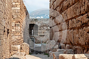 View of the stone walls of the old ancient crusader castle in the historic city of Byblos. The city is a UNESCO World Heritage