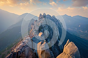 View from Ulsanbawi rock peak on sunset. Seoraksan National Park, South Corea photo