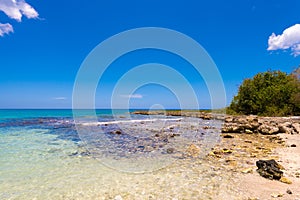 View of the stony beach in Bayahibe, La Altagracia, Dominican Republic. Copy space for text.