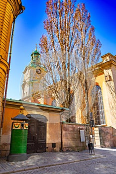 View with Storkyrkan The Great Church, officially named Sankt Nikolai kyrka Church of St. Nicholas and informally called Stock