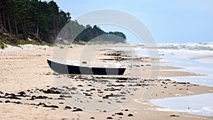 View of a stormy beach in the morning with lonely trees