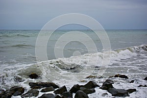 View of the stormy sea in the city of Alushta