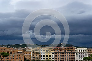 View of a stormy sky over buildings of Rome taken from Castel Sant'Angelo