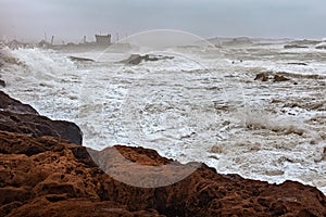 View of the stormy water of the Atlantic Ocean in the area of Essaouira in Morocco