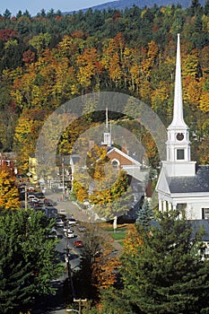 View of Stowe, VT in Autumn on Scenic Route 100 with church spire photo