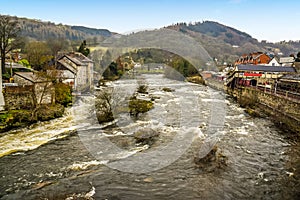 A view straight down the River Dee from the Llangollen Bridge in Llangollen, Wales in winter