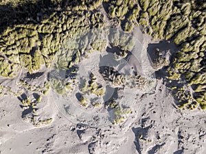 Looking down on coastal sand dunes. Aerial image.