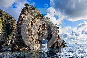 View of strangely shaped rocks on the Ushima coast in Nishiizu, Japan.