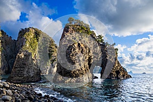 View of strangely shaped rocks on the Ushima coast in Nishiizu, Japan.