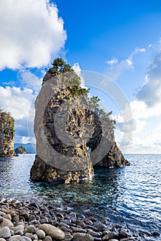 View of strangely shaped rocks on the Ushima coast in Nishiizu, Japan.