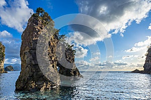 View of strangely shaped rocks on the Ushima coast in Nishiizu, Japan.