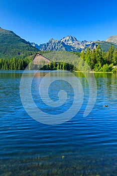 View of the Strbske Pleso and mountains.