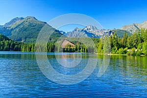 View of the Strbske Pleso and mountains.