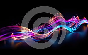 View of streamlined glowing waves of different colors over a black background