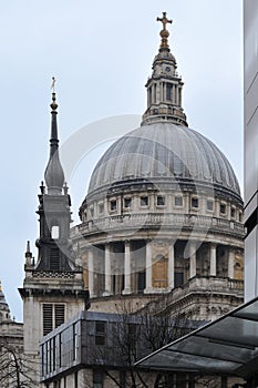 View from a street in business district to St. Pauls Cathedral in London