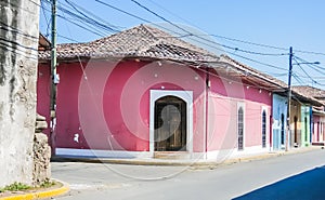 View of Street with colourful houses, Granada, founded in 1524, Nicaragua, Central America