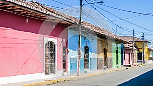 View of Street with colourful houses, Granada, founded in 1524, Nicaragua, Central America