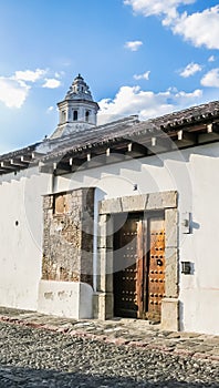 View of Street with colourful houses. The historic city Antigua is UNESCO World Heritage Site since 1979. Antigua, Guatemala