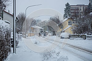 View of street covered with snow