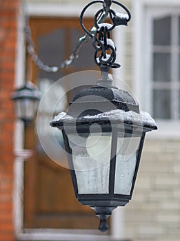 view of a street lamp in winter