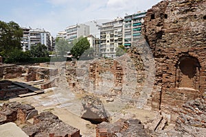 View of street with ruins in Thessaloniki, Greece