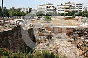 View of street with ruins in Thessaloniki, Greece.