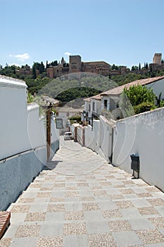 View of the streets and old buildings of Granada Andalusia (Spain). The Alhambra from the Albaicin (Albayzin)