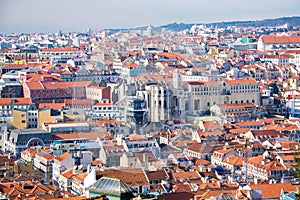 View of the streets and the orange roofs of the old town. Lisbon, Portugal. View from above. View from the walls of the castle