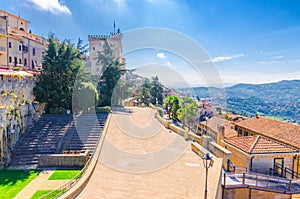 View of streets, square and Palazzo Pubblico palace building in Republic San Marino