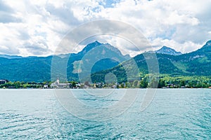 View of Stroble across lake Wolfgangsee, Austria